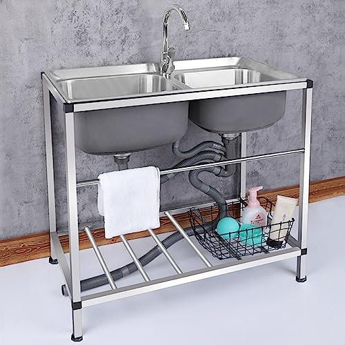 Lavandino da campeggio a 2 scomparti con lavandino commerciale in acciaio inox 304 a doppia vasca, per ristorante, cucina, hotel, bar, garage, esterno