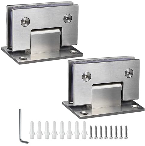 Set di 2 cerniere per porta in vetro doccia a 90 gradi, cerniera a perno in vetro in acciaio inox 304, cerniera per porta del bagno senza telaio, 8-12 mm, adatta, spazzolata argento