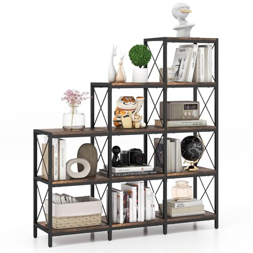 CASART 4 Tier Industrial Bookshelf, 9 Cube Storage Unit Wooden Bookcase with Anti-Tipping Kits, Freestanding Steel Frame Shelving Unit for Living Room Office Study