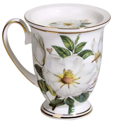 eKsdf 300ml Porzellan Kaffeetasse mit Deckel und Griff Bone China Tasse mit Blumenmuster Nachmittagstasse Premium Frühstückstasse Blumenbecher Teetasse (Kapok-Blumen)