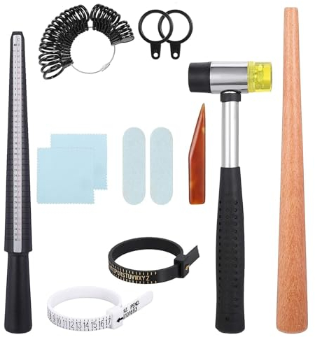 11-Teiliges Ringgrößenmesser Ringmaß-Messwerkzeug Set Ringdorn Sizer mit Gummihammer für Schmuck Messen Metall Frauen Männer
