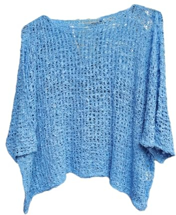Alam Exclusive Women's Popcorn Top Crochet Oversized Knit Ladies Plain Batwing Boho Cover Up Summer Fish Net (UK, Numeric, 8, 18, Regular, Regular, Sky Blue)