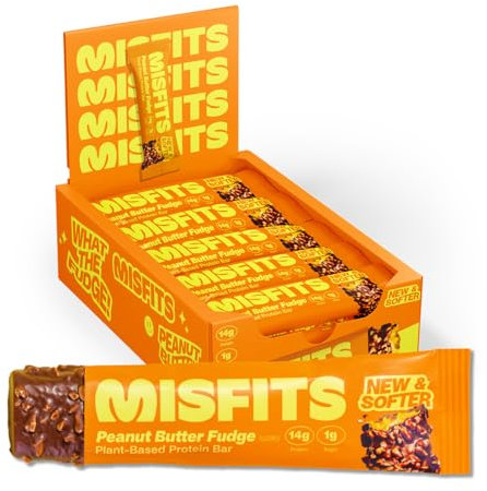 Misfits Vegan Protein Bars - Peanut Butter Fudge | Sports Nutrition Bars - 14 grams Protein | 1 gram Sugar | Plant-Based, Low Carb, High Fibre | No Palm Oil | Non-GMO | Pack of 15