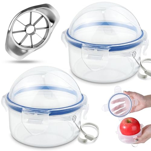 cersaty 2 Tupers Hermeticos Plastico, 9.5 × 10 cm Contenedor de Almacenamiento de Fruta con 1 Cortador de Manzanas para Manzanas, Naranjas, Uvas, Manzanas, Aperitivos
