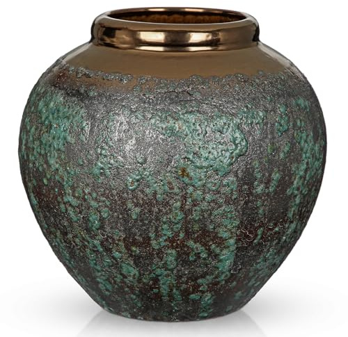 Oairse Jarrón de cerámica de 21 cm, rústico con boca ancha de bronce, jarrones de terracota altos vintage para el hogar, oficina, sala de estar, mesa, estante, decoración de repisa