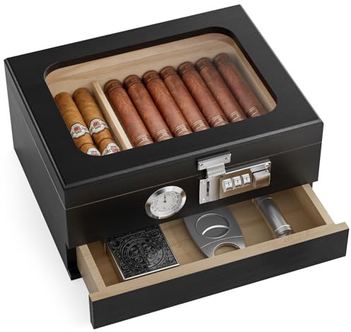 WildFun Humidor per sigari, humidor da viaggio scatola per sigari in legno humidor per sigari con umidificatore, igrometro, divisore per uomini accessori per sigari regalo (20-25 sigari)
