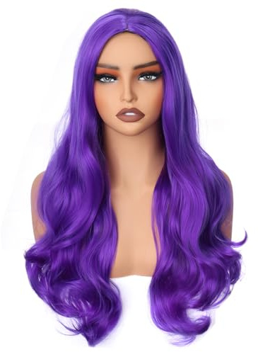 Colorfulpanda Peluca larga ondulada de color lila para mujer, rizada, completa, natural, pelo sintético, disfraz encantador para mujeres y niñas, carnaval, fiesta, Halloween, cosplay, 65 cm (morado