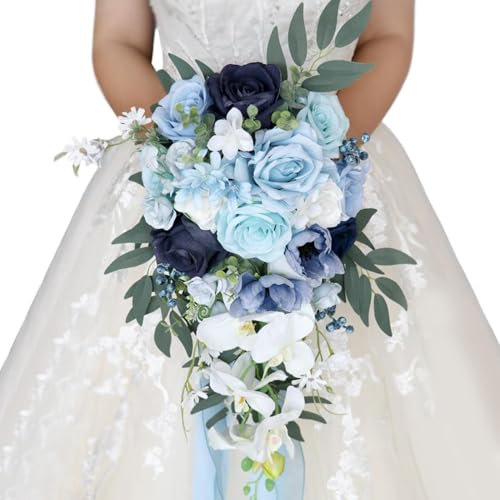 Freiwncr Wedding Bouquets for Bride/Bridesmaid Water Drop Shaped Bridal Bouquet 10x20 Lifelike Light Blue Plastic Artificial Flowers for Wedding Bouquet