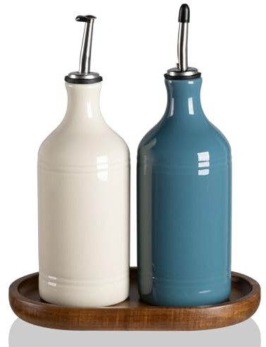 Sweejar Home Ceramic Olive Oil Dispenser Bottles with Tray, 460ML Oil Dispenser Set for Kitchen Counter, Opaque Oil Cruet for Storage Soy Sauce, Vinegar, Liquids, Pack of 2 (BeigeFogblue)