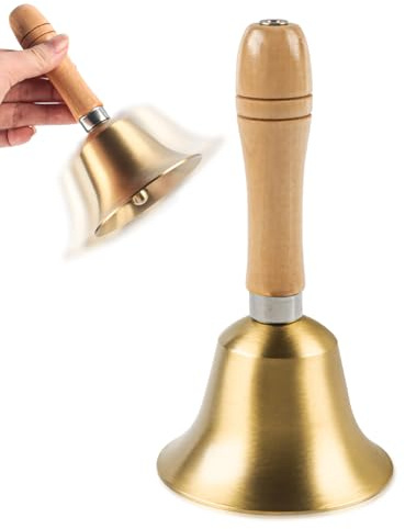 Klassische Handglocke, Tischglocke aus Massivem Messing, Gold Hand Glocke mit Holzgriff, Metalltee Tischglocke, Multifunktionale Handglocke, Laute Serviceglocke, für Schule Empfang Kirche Weihnachten