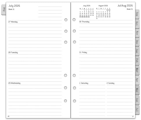 2026 2027 Planificateur Personnel A6, 6 Trous, 1 Semaine 2 Pages avec Onglets, Notes, Contacts, Août 2026-Juillet 2027, 100 GSM, Insert de Calendrier, Réapprovisionnement pour Calendrier 26/27