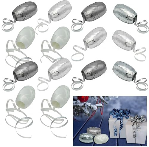 Lot de 12 rubans à friser de 5 mm x 10 m – Couleurs métalliques assorties blanc, argenté et gris pour emballage cadeau, attaches de ruban de ballons et cordes de ballons et décorations de fête