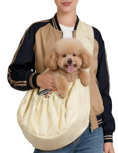 Dog Sling Carrier For Small Dogs & Cats – Hands-Free Breathable Shoulder Carrier Sling With Safety Leash & Storage Pockets,Lightweight&Anti-Fur Puppy Sling for 7-13lbs Dog.(Pale Yellow)