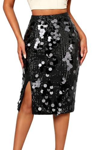 JasGood paljettkjol för kvinnor glitterkjolar med sidoslits sexig elastisk midja knälång kjol för natt från fest karneval, Black-B, M