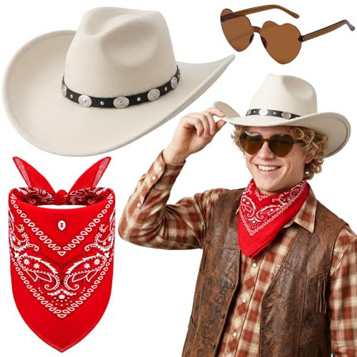 Saier tbo 3 stycken västerländska cowboyhatttillbehör set brun cowboyhatt tillbehör set hjärtformade solglasögon kashmirhalsdukar för kvinnor män