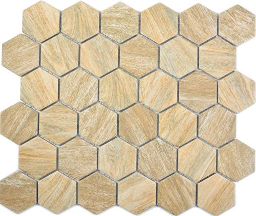 Mosaikfliese Keramik Hexagon Sechseck Holz beige Wandfliese Duschwand Wandverkleidung Badfliese Fliesenspiegel WC Duschtasse Duschwand