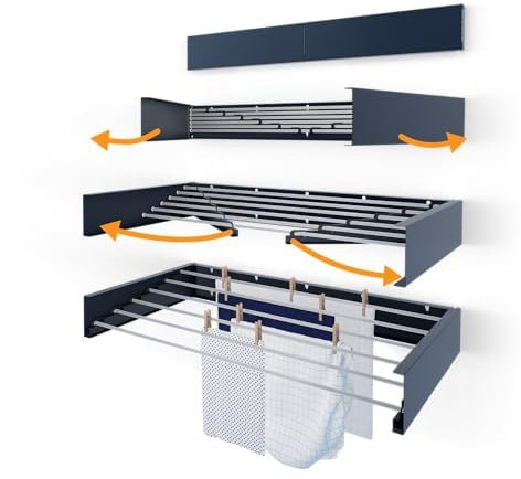 Hot Flow Glide Foldable Wall Mounted Clothes Rack, Retractable Clothes Drying Rack. Sleek Design With 6 x 100cm Rods For 6m Of Hanging Line. Perfect For Saving Space. 25kg Capacity, 100cm, Anthracite