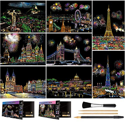 Scratch Art for Kids & Adults, Rainbow Engraving Painting Landscape Scratchboard(A4) Crafts Set: 8 Sheets 4 tools - Fireworks, Big Ben, Tower Bridge, Cristo Redentor, Ferris Wheel(Landmark Building)
