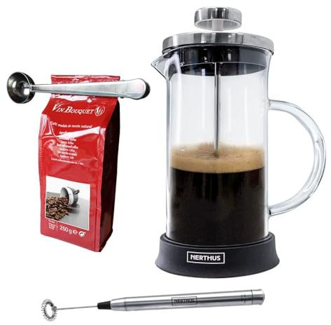 Nerthus SET FIH 1128 Caffettiera francese in vetro 600ml. + Pinze e cucchiaio + Miscelatore per latte