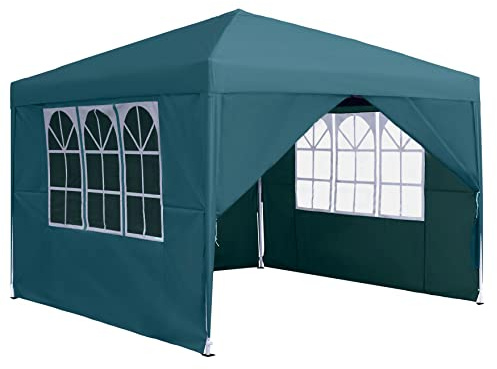 NAIZY Paviljong 3 x 3 m, hopfällbar paviljong vattentät, stabil, vintersäker, vikbar, trädgårdspaviljong med 4 sidodelar och fönster och bärväska, betetält, trädgårdstält, UV-skydd, grillpaviljong, festtält, grön