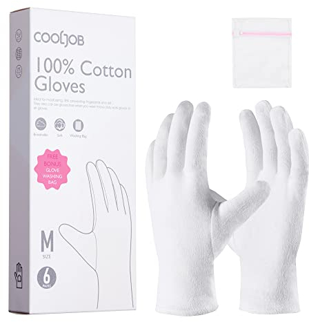 COOLJOB 6 paia di guanti in cotone bianco per donne e uomini, guanti per eczema, con borsa per il lavaggio, guanti protettivi idratanti in 100% cotone, per mani asciutte, ispezione gioielli (6 paia,