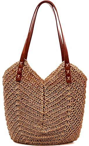 MAMUNU Stroh Handtasche Damen Große, Strohtasche Umhängetasche Reißverschluss, Sommer Strandtasche Damen, Handgewebt Schultertaschen Reisen Urlaub Strand