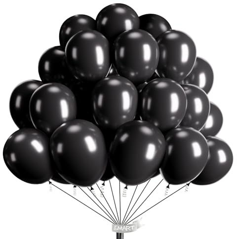 EMART Black Balloons 12 Inch 100pcs, Latex Balloons for Party(with Ribbon)