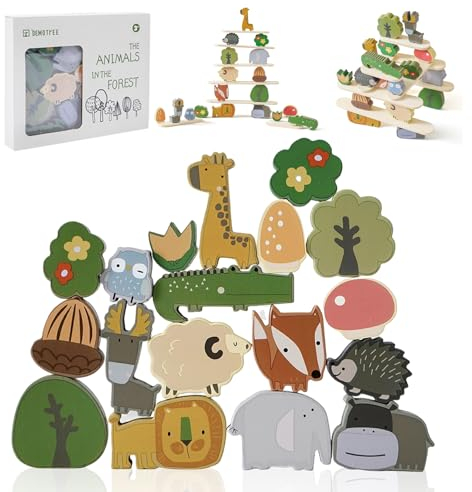 OESSUF Stapelspiel aus Holz für Kinder, 18 PCS Tier-Pflanzen Spielzeug im Waldstil, Wald Rustikal Deko für Wohnkultur und kinderzimmer