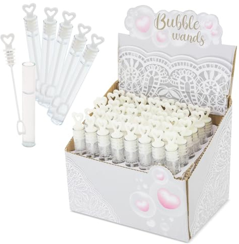 ADRI Pompas de Jabon Boda, 48 Pomperos de Jabón con líquido Incluido para Bodas, Burbujas con Mango con Formas para Bodas, Bautizos, Cumpleaños, San Valentín (Blanco, Corazon)