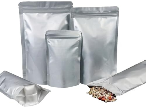 Rimiko 50 Piezas Bolsa Zip Aluminio de Pie para Alimentos, Bolsa Opaca Resellable y Termosellable, Bolsa de Mylar Herméticas Autocierre para Conservar de Granos Café, Dulces (Plateado,14x22cm)