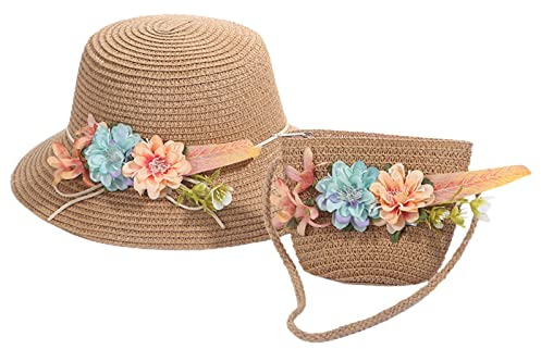Dinnesis Sombrilla de dibujos animados para niños y niñas, sombrero de playa + bolsa de paja, accesorios de verano para niños, bufanda redonda, café, Talla única