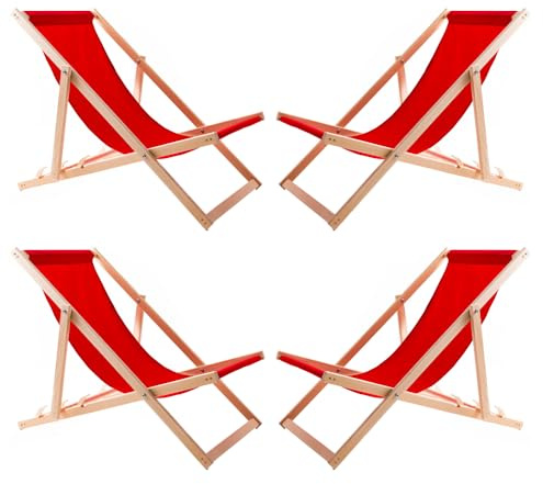 WOODOK 4er Liegestuhl Klappbar - Gartenliege Klappbar bis 120kg, Sonnenliege aus Buchenholz ohne Armlehne - 3-Stufige Rückenlehnenverstellung (4X Rot)