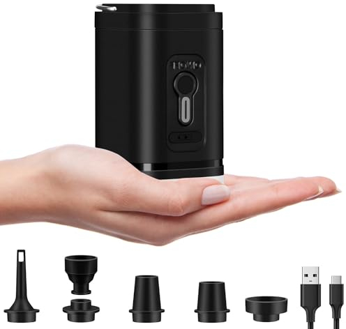 Yexati Elektrische Luftpumpe, 5 Luftdüsen, 2-in-1 Mini-Luftpumpe zum Aufblasen und Entleeren, Luftkissenpumpe Akku 1200mAh wiederaufladbar, für Luftmatratzen, Sofas, Schlauchboote, Schwimmbäder