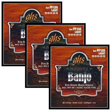 GHS Strings - 5-String Banjo Strings - ball-end/loop- end - Nickel Plated Steel - Light Gauge - 010-022 - Model: PF130 SET - Pack of 3 SETS