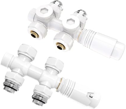 S'AFIELINA Multiblock Set für Heizkörper und Badheizkörper Anschlussarmatur inkl. Thermotstat Hahnblock Ventil Heizungszubehör Eck- und Durchgangsform Weiß（φ15+16*G1/2, 2 Stück）