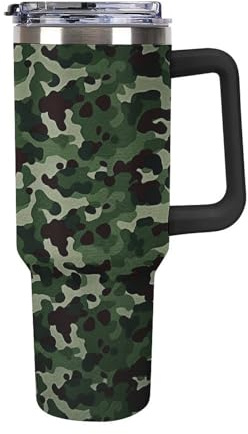 Stanley-Becher mit Griff, versiegelter Doppel-Trinkdeckel, Edelstahl-Trinkhalm, grüne Tarnung, bedruckt, passt in Auto-Becherhalter, 1,2 l