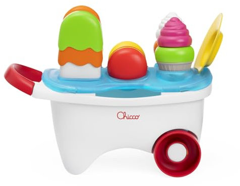 Chicco Juguete Carrito de Helados, 2en1, Actividades de apilamiento y Enclavamiento, Actividad de Juego de rol, práctica asa y Ruedas Libres, Juego de 19 pz para Hacer deliciosos Dulces, 12-36M