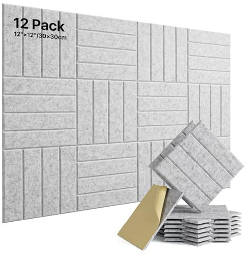 Soundsbay Acoustic Wall Panels Self-adhesive, 12 Pack Sound Proofing Panels High Density Sound Absorbing Panels for Podcast Studio, Living Room, Offices, Grey 30x30x0,9cm