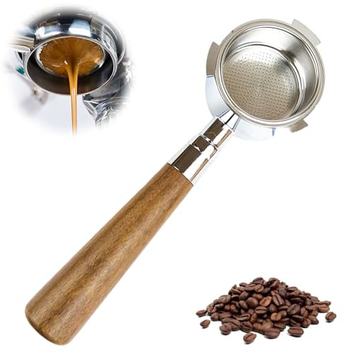 Portafiltro sin fondo de 51 mm para DeLonghi Dedica EC680 / EC685, 51 mm, portafiltros de acero inoxidable con 3 orejas y mango de madera de nogal, cesta de filtro de 0,3 mm poros