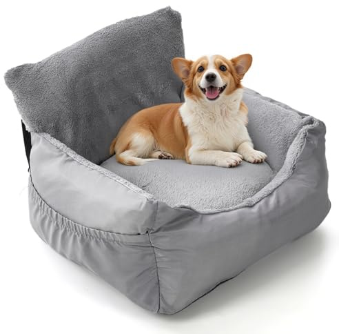 The Fellie Dog Car Seat for Small Dogs, Waterproof Pet Car Booster Seat with Safety Leash, Comfortable Pet Travel Bed with Storage Pocket & Non-Slip Base, Safety Dogs Bed for Travel, 55x50x35cm, Grey