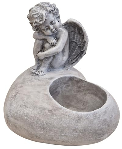 Logbuch-Verlag - Decorazione per tomba a forma di cuore grigio con angelo e candela, 17 x 15 x 16 cm, decorazione commemorativa per cimitero o casa, resistente alle intemperie, in poliresina