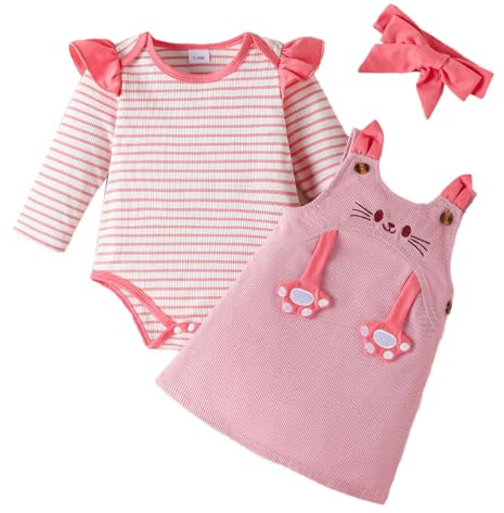 LUVCES Vestiti Neonati Autunnali 3 Pezzi Set Maniche Lunghe con Volant Tutina + Gonna con Bretelle e Fascia per Capelli Abbigliamento Bambina Set di Gonne Gattino a strisce rosa 3-6 Mesi
