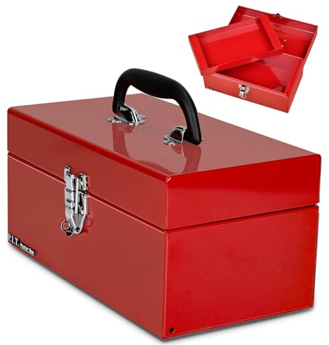 P.I.T. Metal Tool Box 12 Inch,Portable Small Toolbox with Latch,Red
