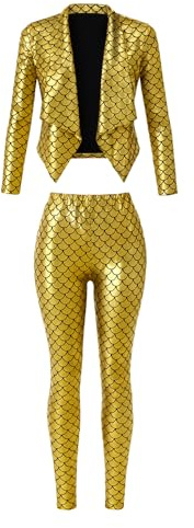 Women’s Shiny Metallic Fish Scale Blazer and Legging Set – 2 Piece Costume Suit – Ladies Party Wear – Gold S/M