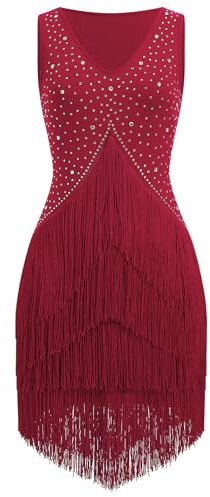 EFOGEP Vestido de baile latino de salsa para mujer, estilo vintage de los años 20, sin mangas, estrás, con flecos, Gatsby, cóctel, sala de baile, tangos, chacha rumba, vestido de cami