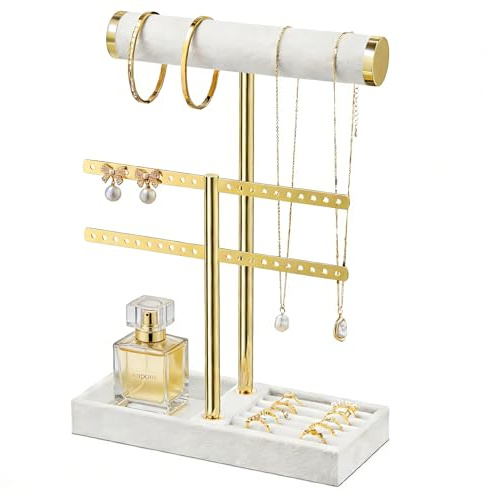 Josmimic Organizer per gioielli a 2 livelli – Supporto per gioielli, bracciali, bianco rimovibile, supporto per gioielli in velluto, supporto per bracciali, collane, orologi, anelli