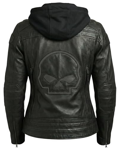 Women’s Black HD Leather Motorcycle Jacket – Genuine Top Grain Biker Leather Jacket with Removable Hood & Vents (US, Alpha, Large, Regular, Regular, Black)