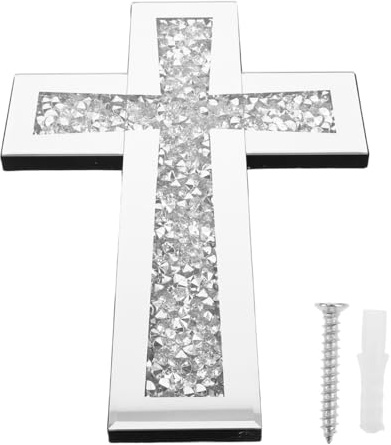 PRETYZOOM Croix Murale en Verre Robuste Mosaïque Argentée Décoration Religieuse Intérieur Chrétienne pour Salon Église et Maison Grosse Croix Murale Catholique à Suspendre Objet Déco