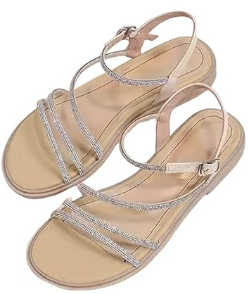 Dam kilsandaler uppklädd strass boho-sandal smart ledig bred öppen tå slip on-sandaler med elastisk rem damer låga klackar gladiatorsandal sommar strandsandaler för bankettfest
