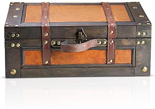 BRYNNBERG Cofre del tesoro pirata de madera Marco 38 x 27 x 14 cm, caja de almacenamiento decorativa, decoración vintage hecha a mano, con candado con llave